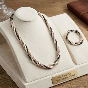 Vintage Torsade Jewelry Set: Twisted Pink & White Seed Pearl & Black Hematite